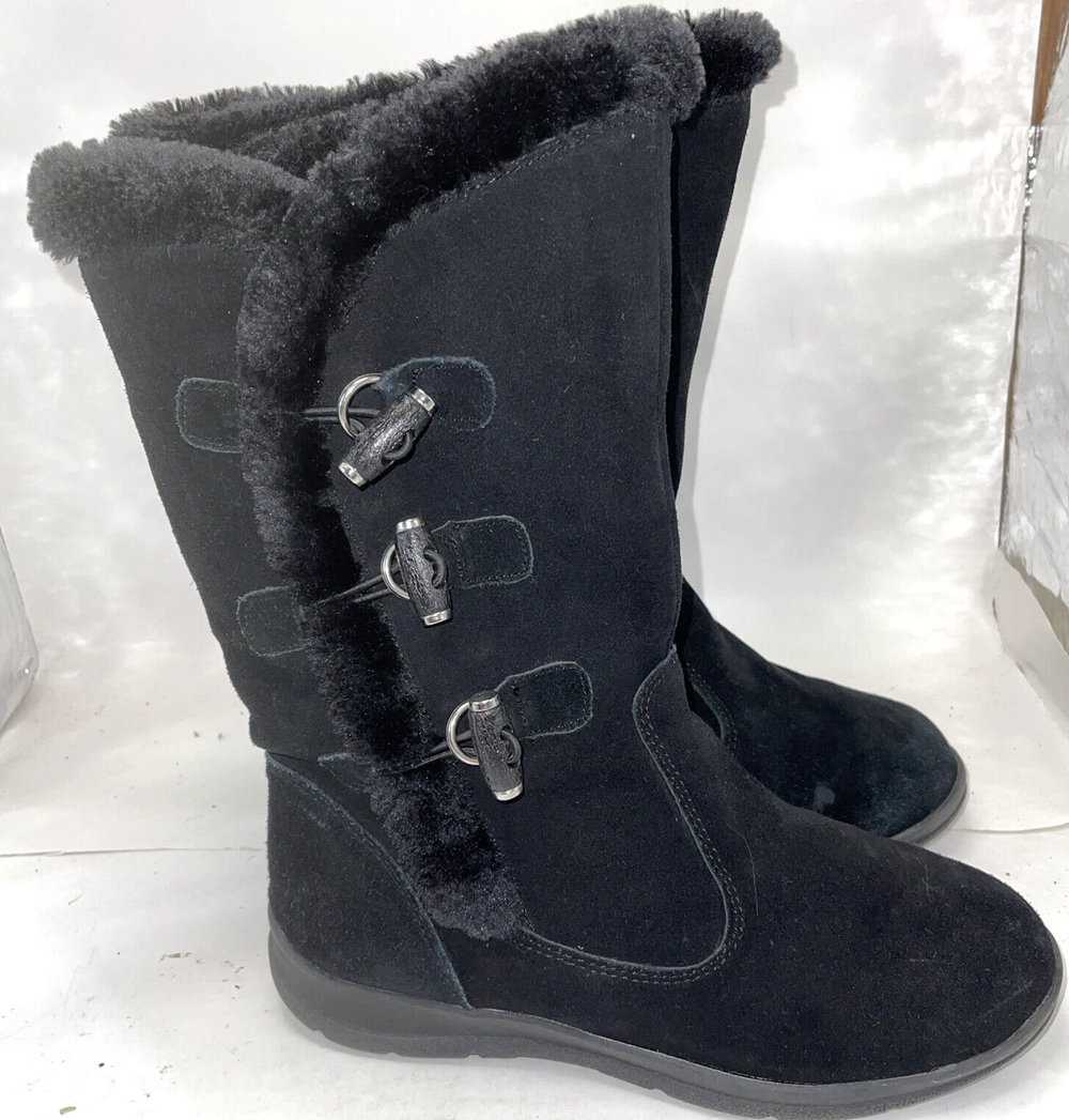 Bass Boots Womens Size 8 Black Suede Faux Fur Lined Toggle Mid Calf Winter Warm